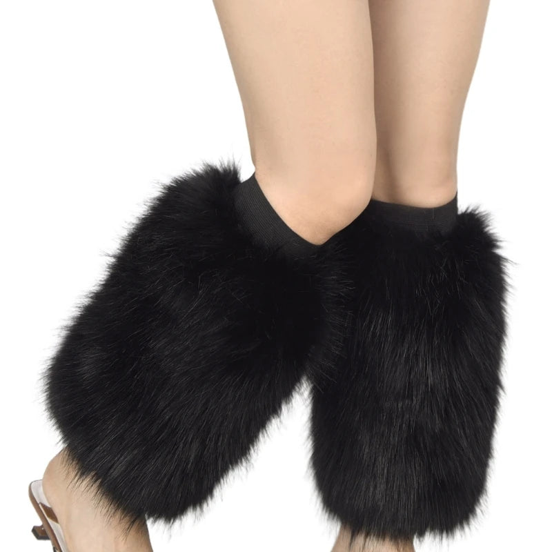 Women Vintage Vibrant Furry Leg Warmers Winter Warm Fuzzy Faux Fur Cuffs Sleeves Calf Length Socks Streetwear