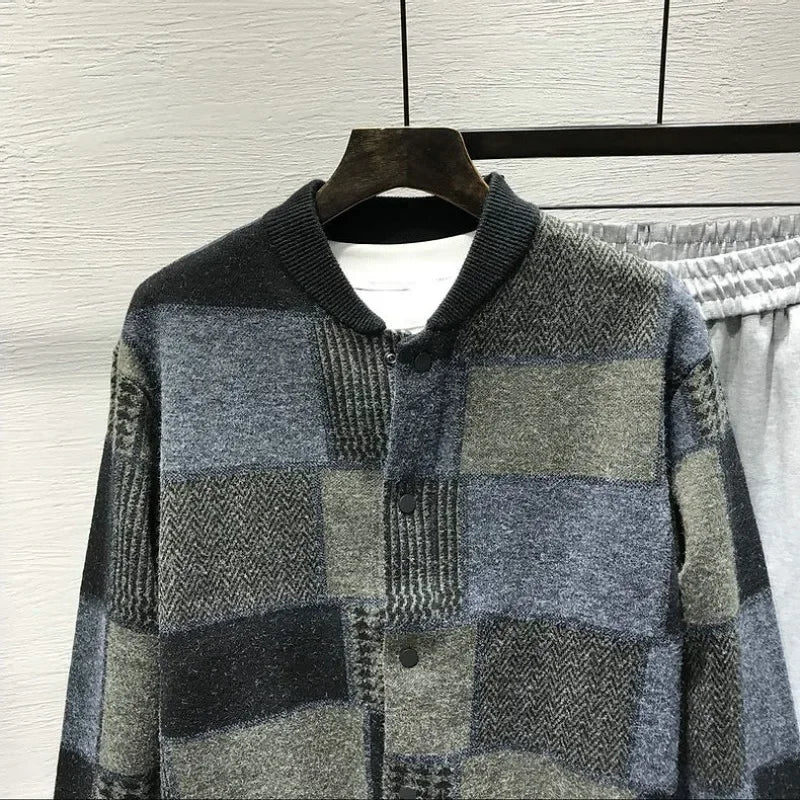 Man Clothes Collared Plaid Coat Knitted Sweaters for Men Jacket