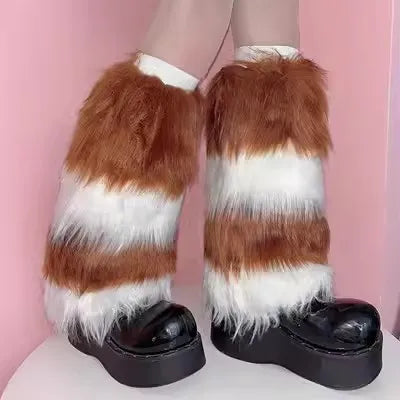 Gothic Women's Y2k Harajuku Punk Lolita Girls Subcultural Striped Contrasting Fur Insulation Faux Furry Socks Legs Warms covers