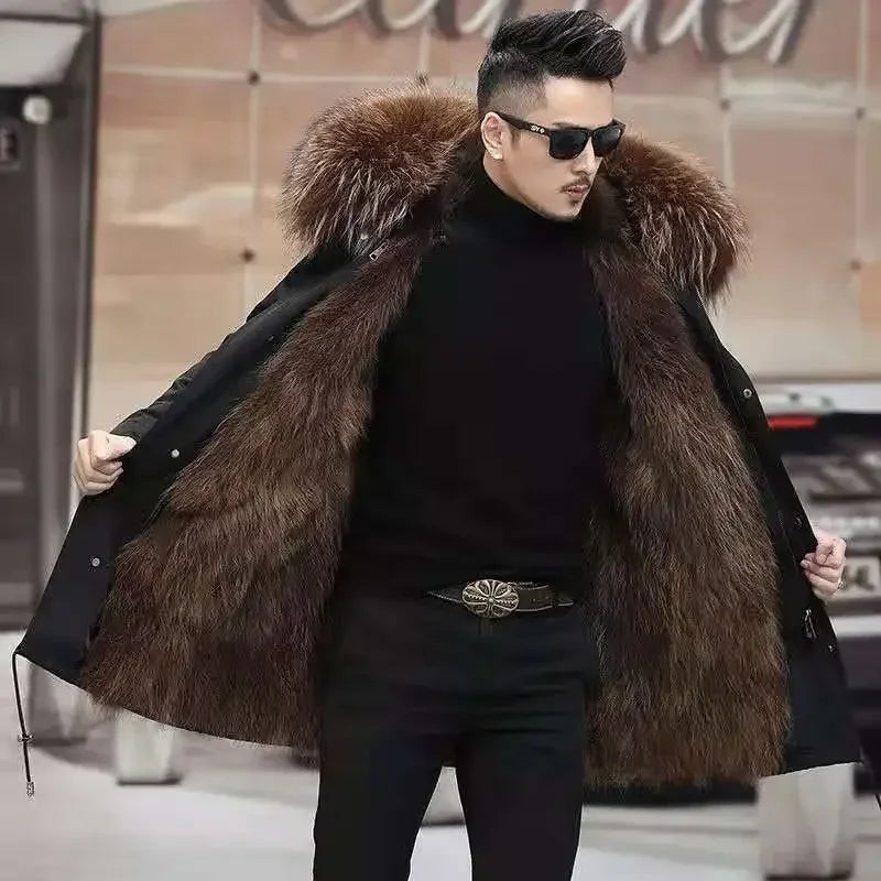 Bomber Jackets for Men Thick Warm Coat New Style Pie Overcomes Men’s Fur Mid-length Thick Warm Mink Fur Coat Fur One Detachable