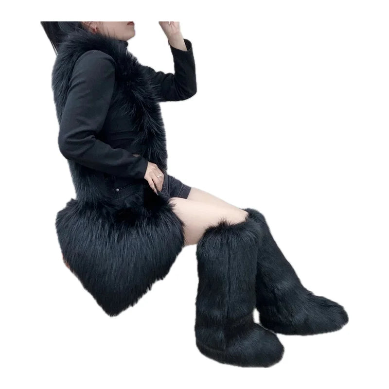 Winter Women Faux Fur Boots And Bag Set Furry Warm Snow Boots Cute Heart-shaped Fur Handbag Love Bag Girls Platform Plush Boots