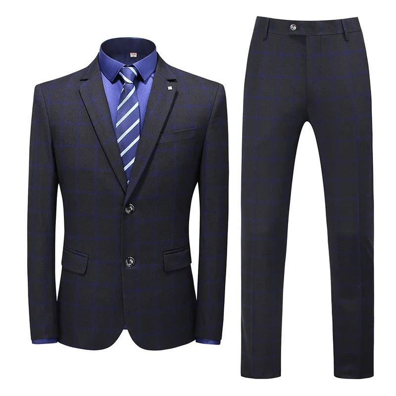 (Suit+Vest+Pant) Spring Korean Slim Check British Business Suit Men Three Piece Wedding Bridegroom Best Man Formal Dress S-5XL