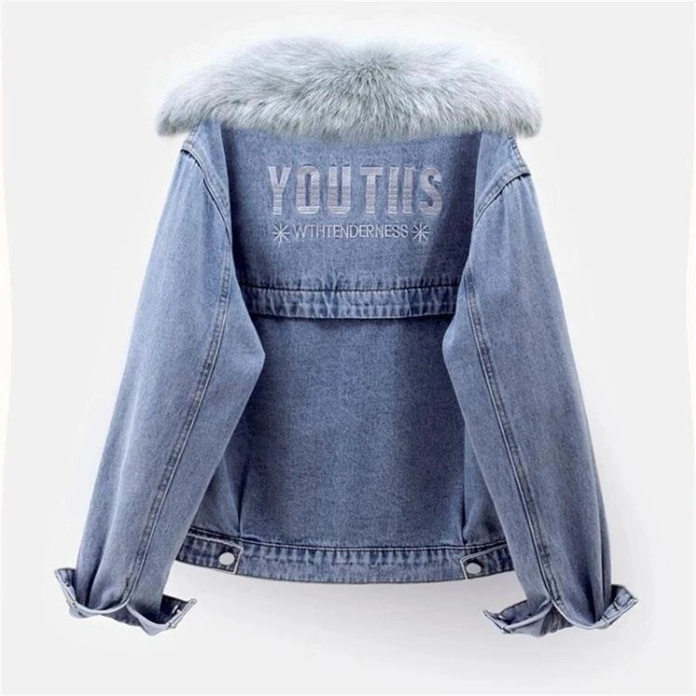 Faux Fur Collar Winter Denim Jackets Women Plus Velvet Warm Casual Thicken Coats Letter Snow Wear Wash Blue Vaqueras Chaquetas