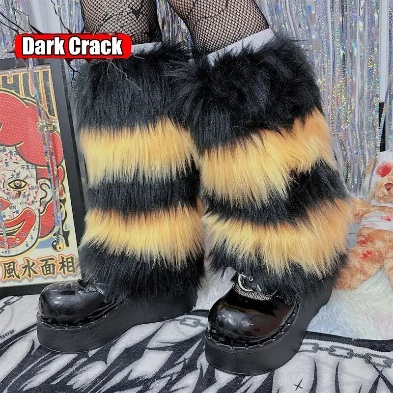 Gothic Women's Y2k Harajuku Punk Lolita Girls Subcultural Striped Contrasting Fur Insulation Faux Furry Socks Legs Warms covers