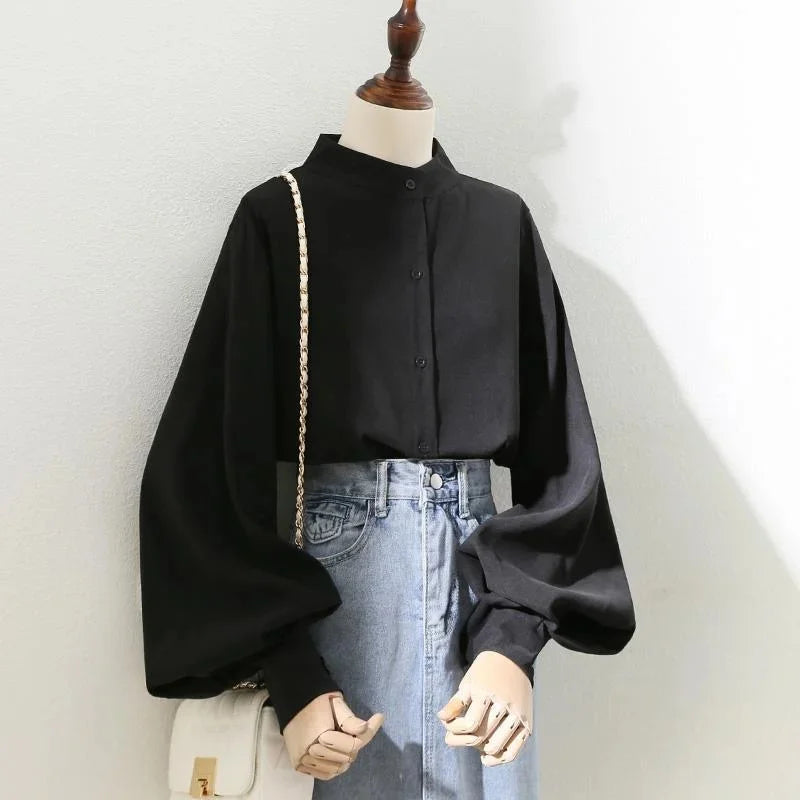 Woman Spring Autumn Style Blouses Shirt Lady Long Lantern Sleeve Stand