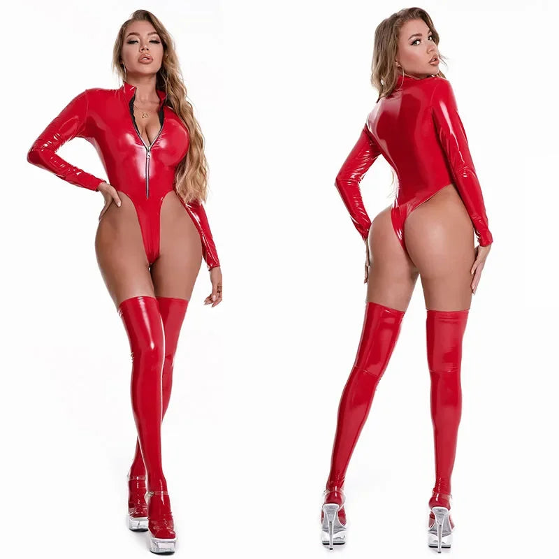 Sexy Leather Clothes Woman Lingerie Sexy Pajamas Black Leather Dress Erotic Jumpsuit Porn Stripper Costume Hot Sex Set Club Suit