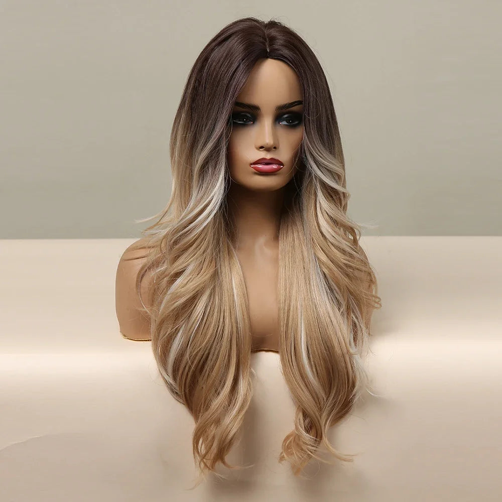 Long Blonde Ombre Wavy Synthetic Women's Curly Dark Root Wigs Middle Part for Women Natural Daily Heat Resistant Fiber Wigs