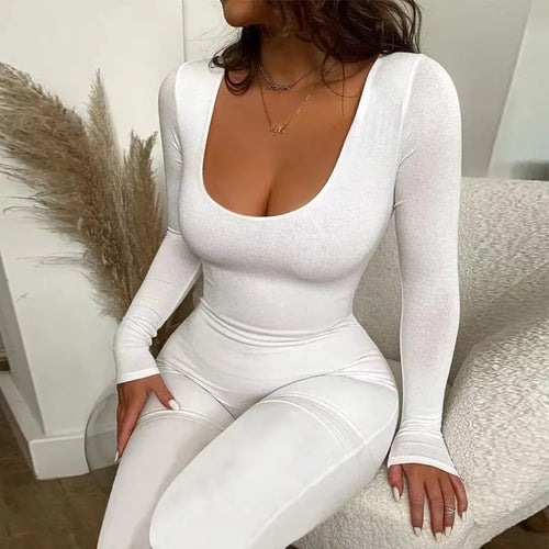 Sexy Jumpsuits Women Autumn New Solid Long Sleeve Bodycon Black