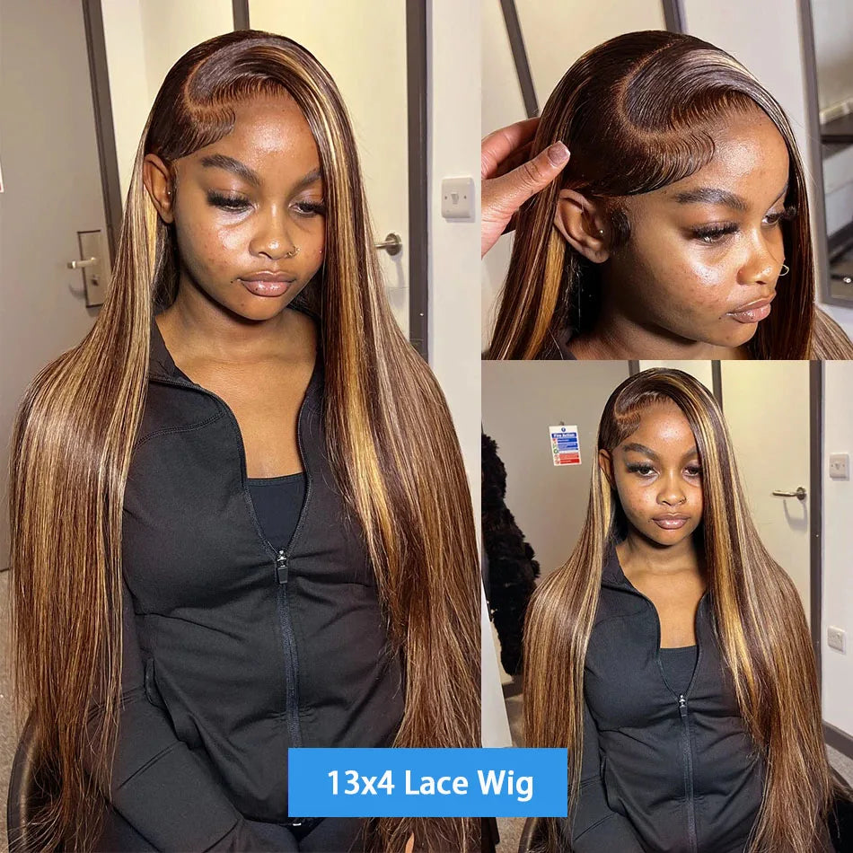 4/27 Highlight Ombre Lace Frontal Wig 30 Inch Straight Human Hair Wigs Colored Brazilian Bone Straight Hair Wigs For Black Women