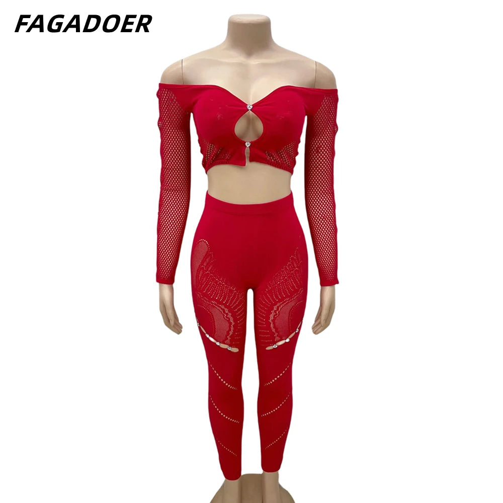 FAGADOER Thick Lace Sexy 2 Piece Set Outfit Women Off Shoulder Long Sleeves Crop Tops and Pants Clothing Female Elastic Clubwear