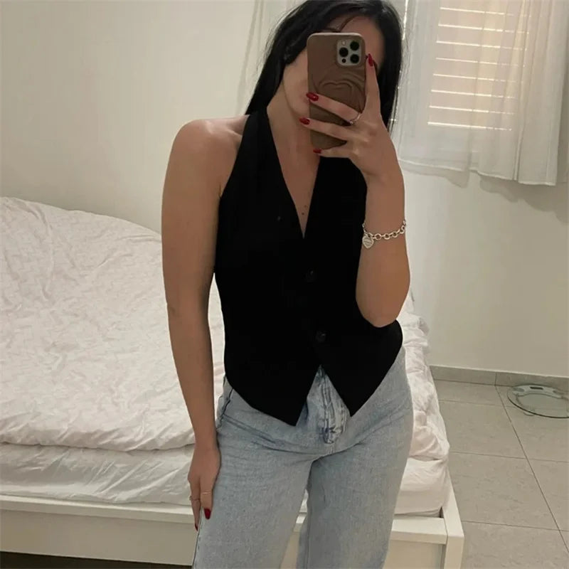 TRAF Off Shoulder Sleeveless Vest Women Black White Cropped Vest Woman