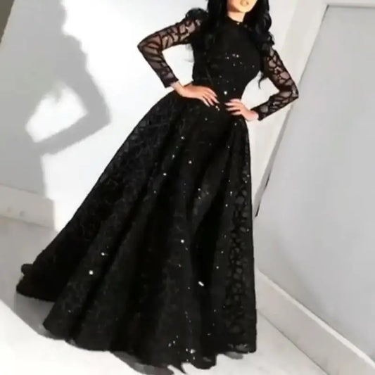 Women Dress 2021 Summer Long-Sleeved Sequined Expandable Elegant Gown Party Dress High Waist Big Swing Black Dresses Black