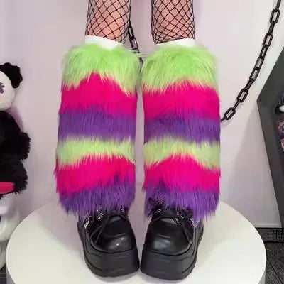 Gothic Women's Y2k Harajuku Punk Lolita Girls Subcultural Striped Contrasting Fur Insulation Faux Furry Socks Legs Warms covers