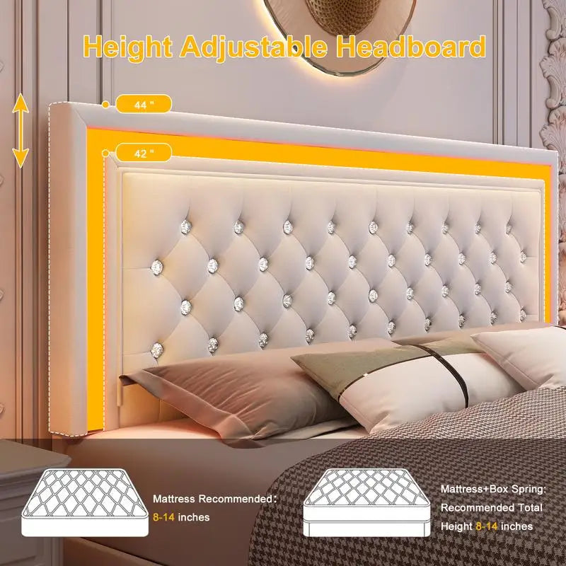 Queen Size LED Bed Frame with Adjustable Headboard,Smart Control RGBW Lights,4Storage Drawers,Upholstered,No Box Spring Needed