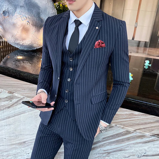 (Jackets+Vest+Pants) 2022 Men's Three-piece Suit/Male Slim Fit Cotton High Quality Business Blazers/Man Stripe Groom Dress S-5XL