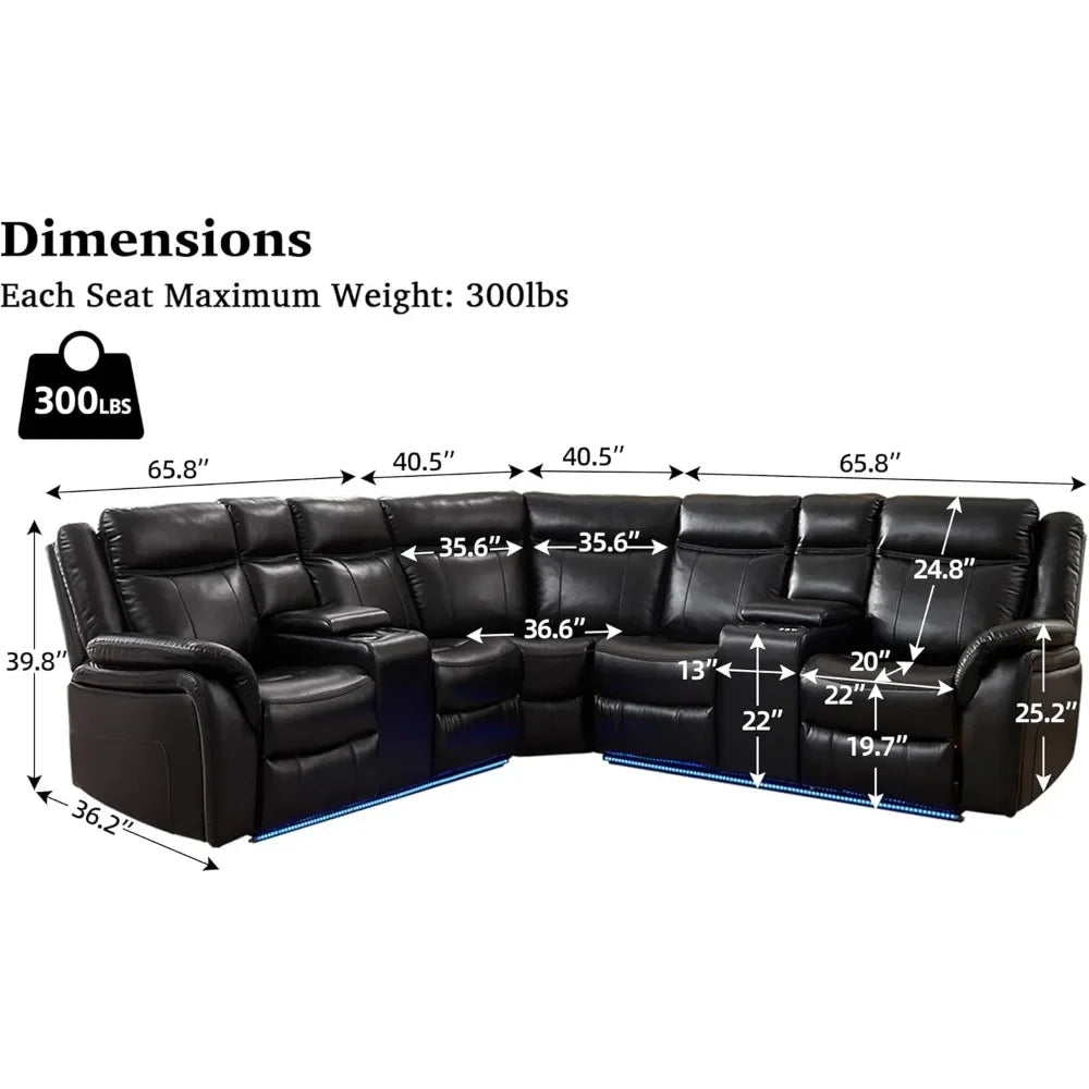 recliner，Power Reclining Sectional Sofa with LED Light Recliner Faux Leather L-Shaped Electric Reclining Sectional Couch