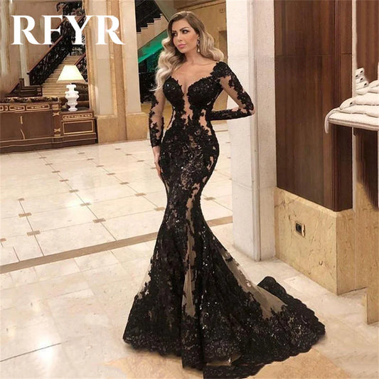 RFYR Mermaid Lace Black Prom Dress Appliques Party Dress Beading  Celebrity Gowns with Long Sleeves Party Dress Customized