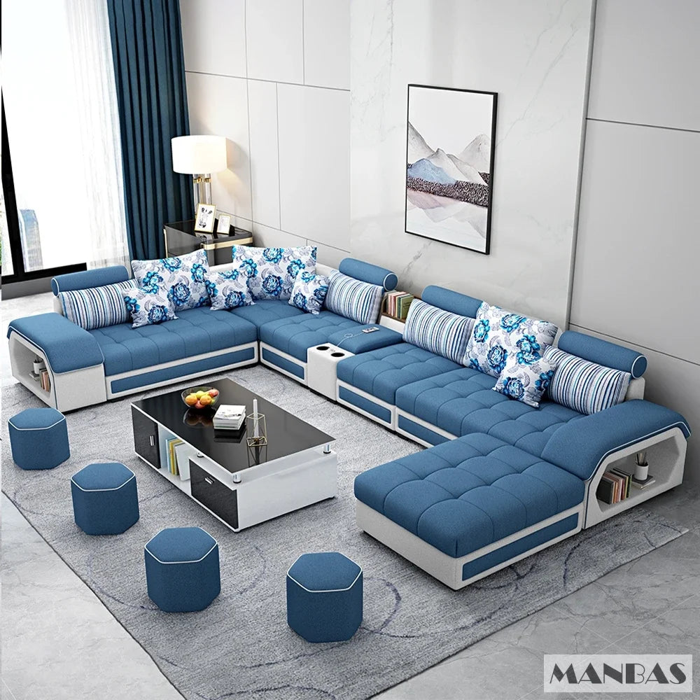 Linlamim Fabric Sofa Set Furniture Living Room Sofa Set with USB and Stools / Big U Shape Cloth Couch Sofas for Home Furniture