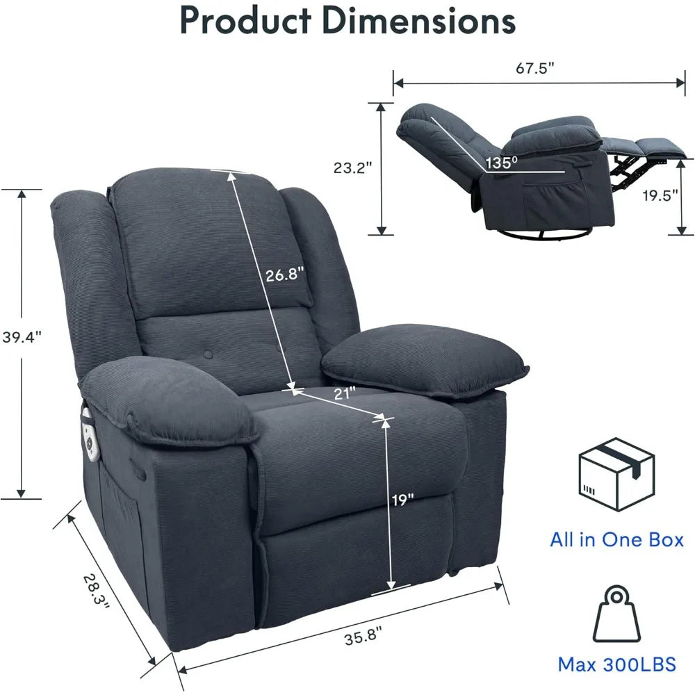 Swivel Rocker Recliner Chair for Adults -Massage Reclining Chair w/Heat & Vibration,270° Swivel Manual Rocking Chair Single Sofa