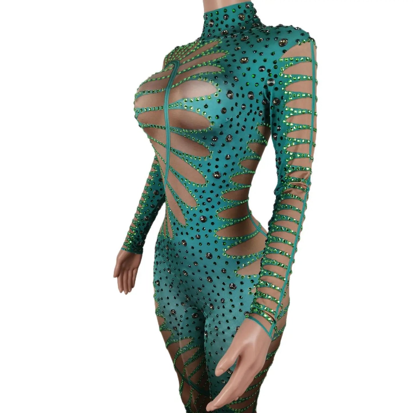 Green Grass Rhinestone Jumpsuit Woman Night Club Party Stretch Stage Wear Celebrate Bodysuit Performance Costume Lvyecao