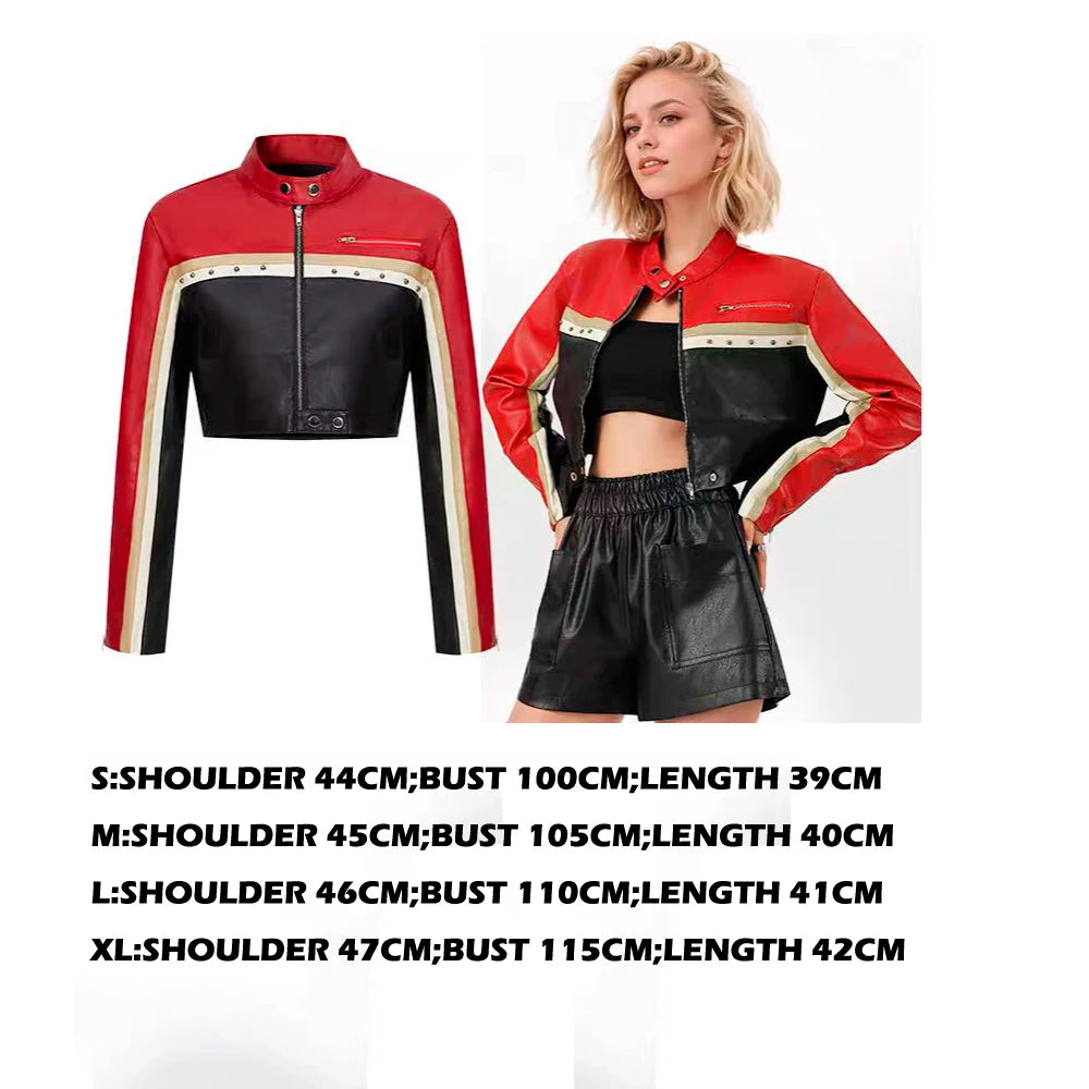 Sexy Moto Cropped PU Leather Jackets for Women 2025 Spring Fashion Striped Contrast Long Sleeve Asymmetric Short Coat Y2K Female