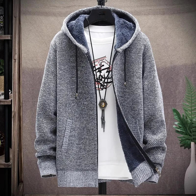 Men‘s Hooded Cardigan Knitted Sweater Winter Thick Fleece Warm Casual