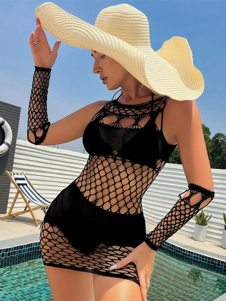 New Fashion Women's Fishing Net Mini Bodycon Dress Mesh See Through Short Skirt Nightclub Ladies Fishnet Transparent Nightdress