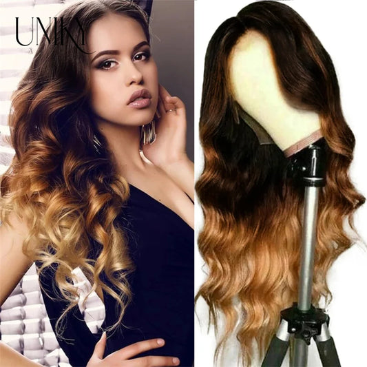 Ombre Lace Front Wig Highlight Ombre Body Wave Wig Pre-plucked Pre-layered Pre-styled 13x4 Lace Wigs for Black Women 1b/4/27