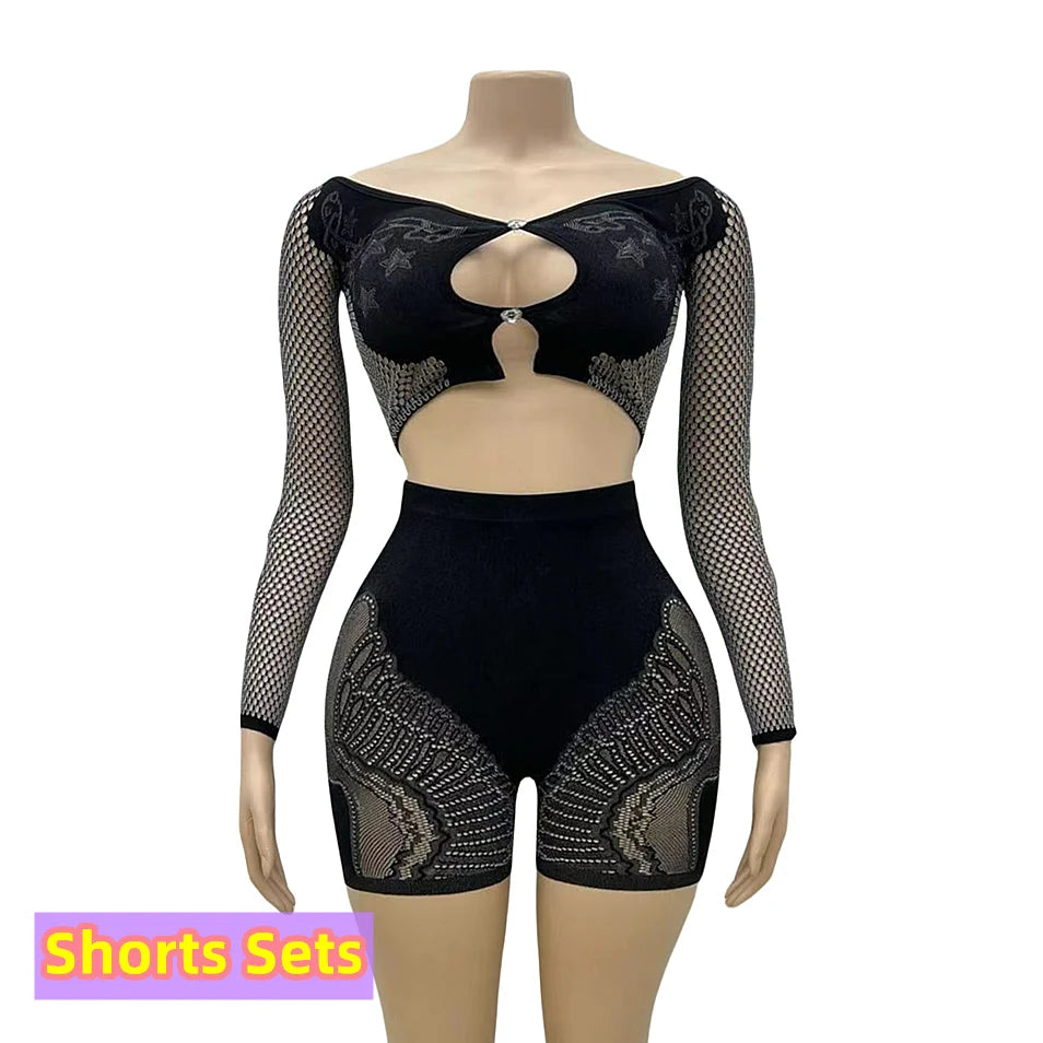 FAGADOER Thick Lace Sexy 2 Piece Set Outfit Women Off Shoulder Long Sleeves Crop Tops and Pants Clothing Female Elastic Clubwear