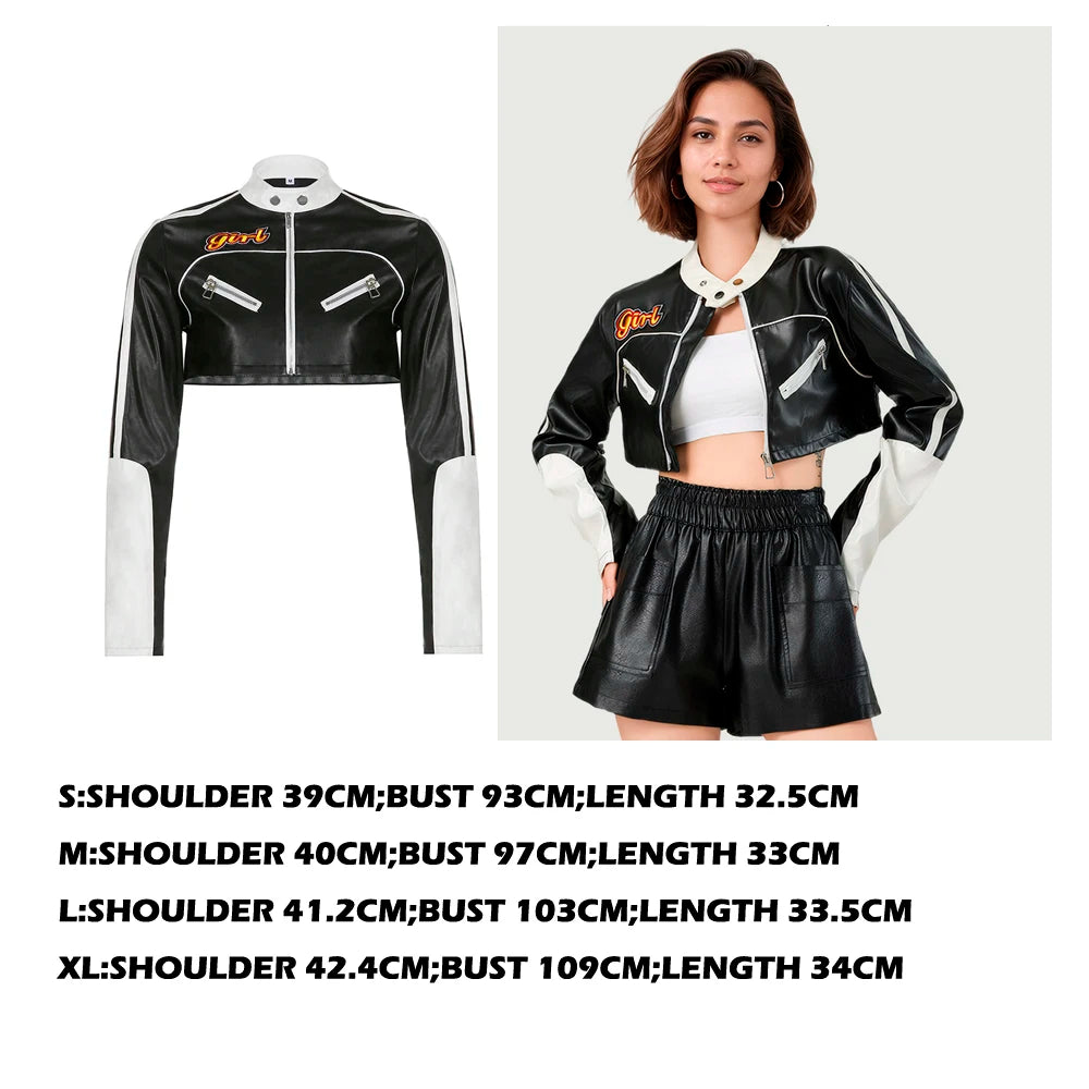 Sexy Moto Cropped PU Leather Jackets for Women 2025 Spring Fashion Striped Contrast Long Sleeve Asymmetric Short Coat Y2K Female