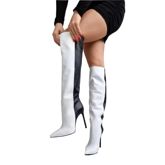 Black and White Pointed Toe Boots Fashion Style High Heel Knee Boots Customizable Color Large Size Shoes Women's Sexy Knee Boots