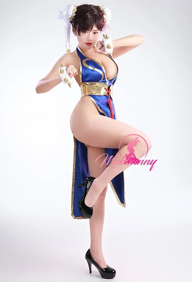 Mobbunny Women Cheongsam Sexy Lingerie Set Chun Li Derivative Deep V High Slit Dress with Belt Hand Rings