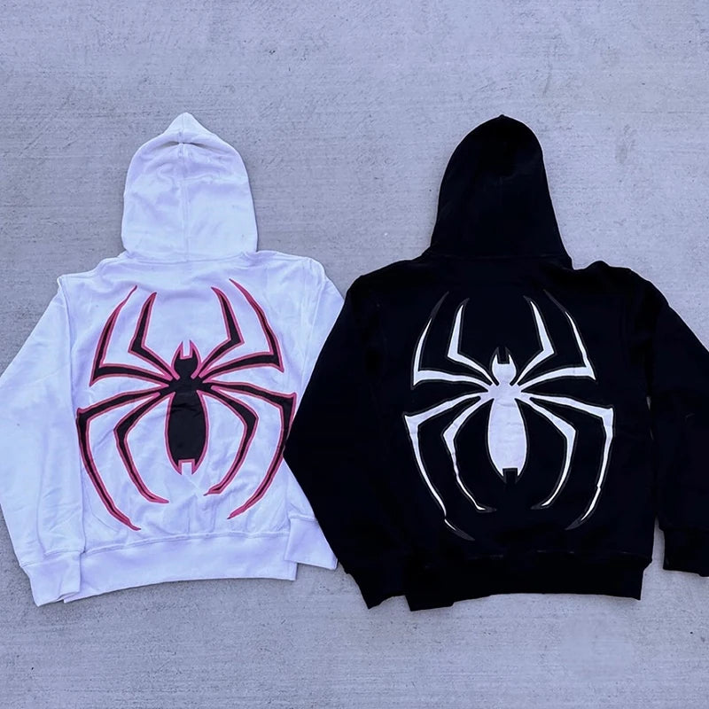 Y2k Spider Print Hoodies Women Men Hip Hop Zipper Long Sleeve Jacket