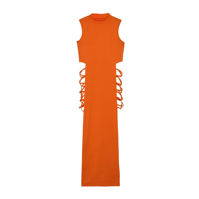 Criss Cross Cut Out Dress, Sexy Bodycon Mock Neck Sleeveless Dress,