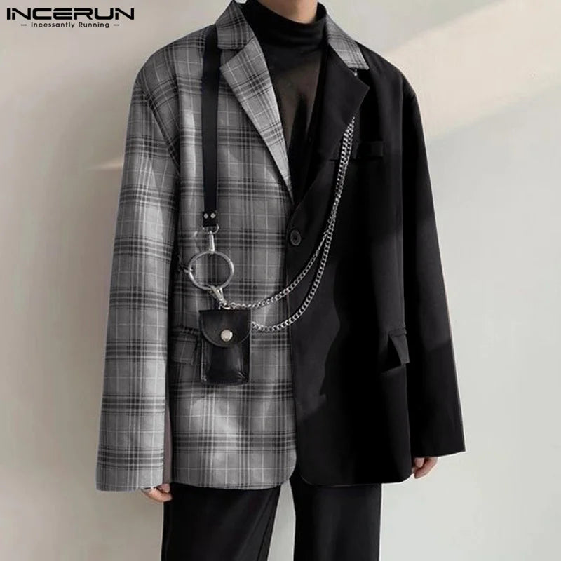 INCERUN Men Blazer Plaid Patchwork Lapel Long Sleeve One Button Casual