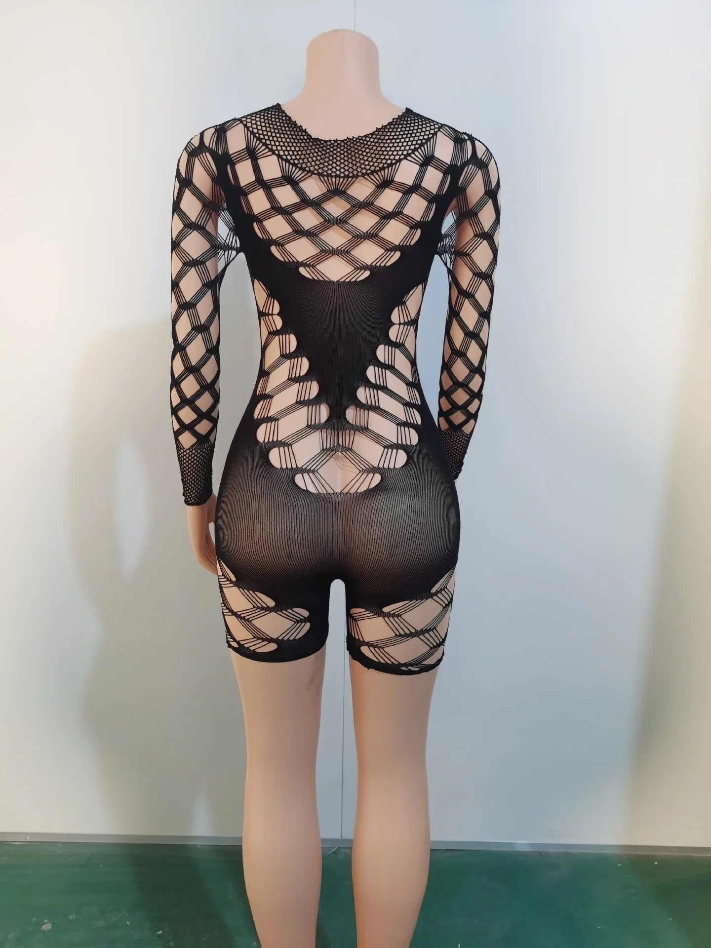 BKLD Mesh Sexy Perspective High Waisted Long Sleeve Tight Fitting Shorts Jumpsuit Solid Color Clothes For Women Black Rompers