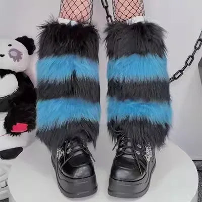 Gothic Women's Y2k Harajuku Punk Lolita Girls Subcultural Striped Contrasting Fur Insulation Faux Furry Socks Legs Warms covers