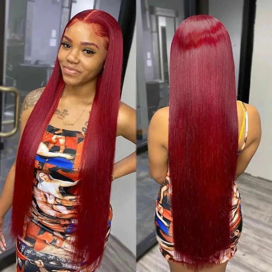 99j Burgundy Red Colored Bone Straight 13x4 Lace Front Human Hair HD Transparent Lace Frontal Wig Brazilian Hair For Black Women