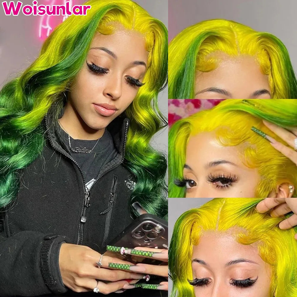 Ombre Yellow and Green Human Hair 13x6 Transparent Lace human hair  Pre-Plucked For Black Women Body wave180% Density  wigs