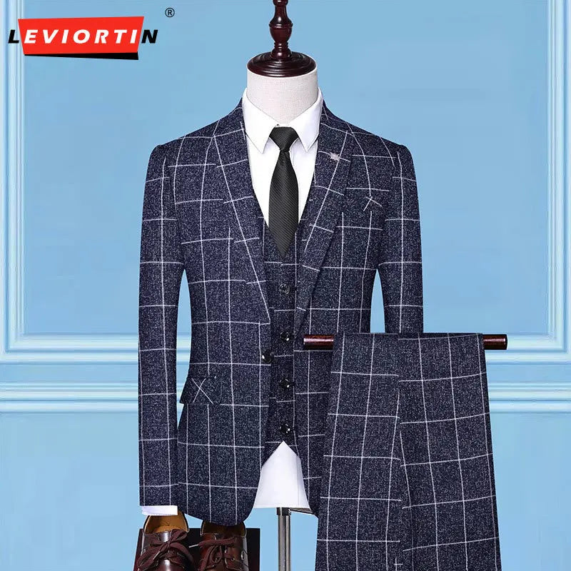 ( Suit+Vest+Pants) 2023 Spring Men's Tailcoat Plaid Suit/Men's Slim Fit Plaid Three Piece Work Suit Business Suit Men's S-4XL