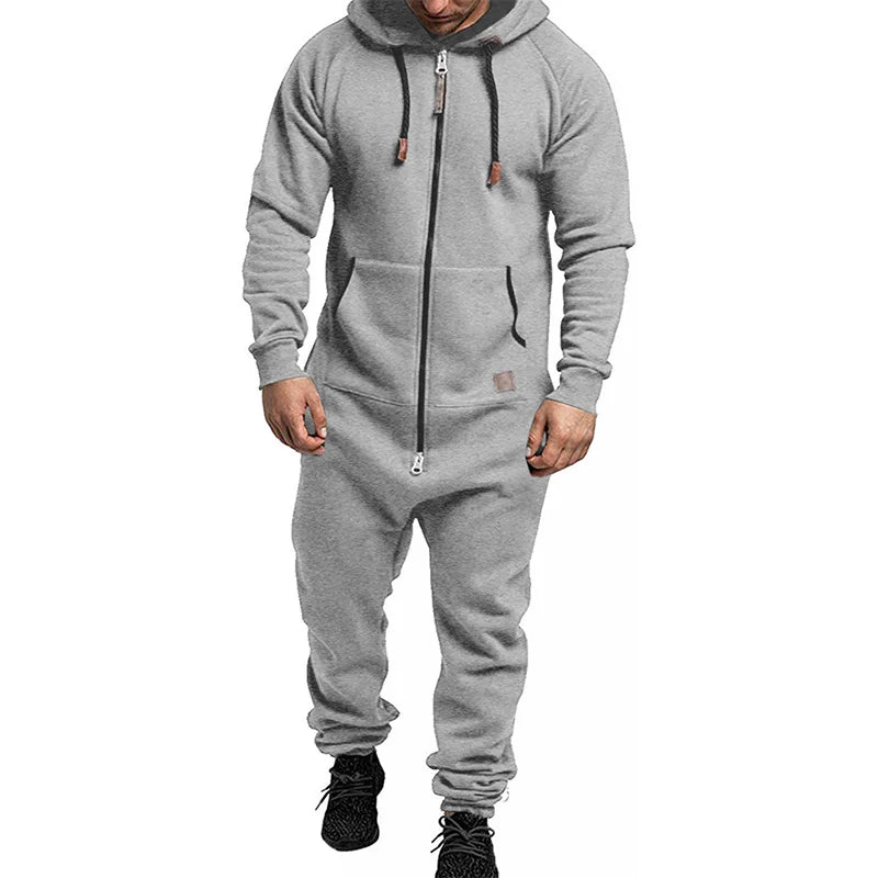 Men s Winter Hooded Jumpsuits with Pockets Warm Long Sleeve Full Zipper Up Overalls Sweatsuits with Drawstring