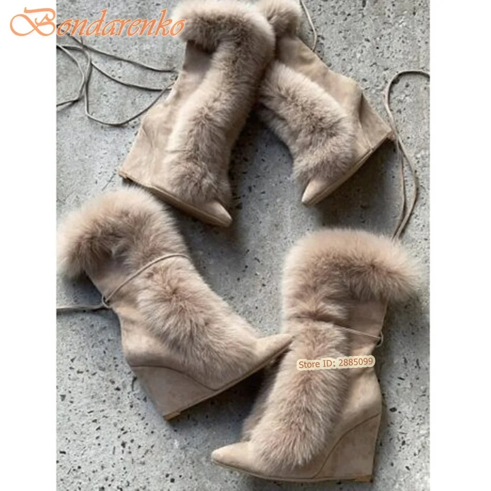 Fur Suede Wedges Boots Pointy Toe Solid Mid Calf Lace Up Straps Boots Women Sexu Shoes Winter Party Designer New Style Fashion