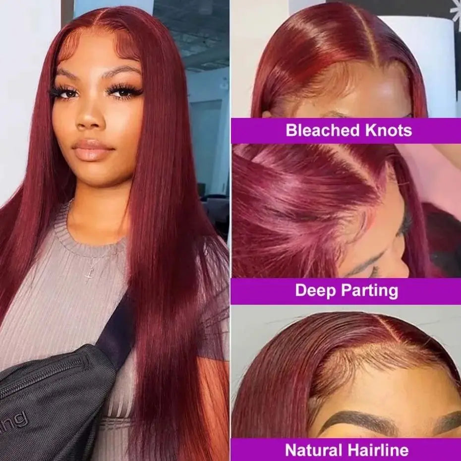 99j Burgundy Red Colored Bone Straight 13x4 Lace Front Human Hair HD Transparent Lace Frontal Wig Brazilian Hair For Black Women