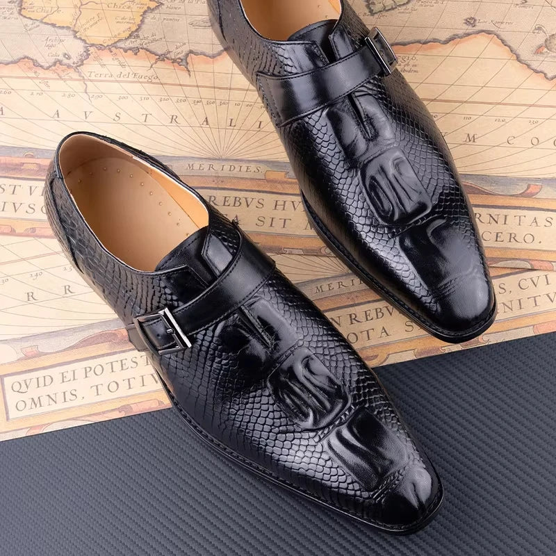 High quality Printing Loafers For Men Monk Strap Men's Shoes Rubber Sole Wedding Dress Oxfords Crocodile Pattern Leather Zapatos