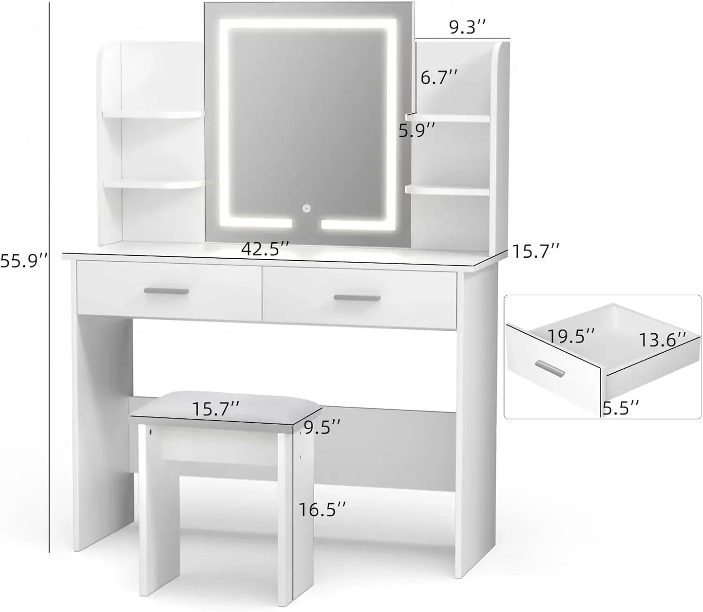 Vanity Desk with Lighted Mirror with 3 Color Light Options Adjustable Brightness, Vanity with 6 Storage Shelves NEW USA