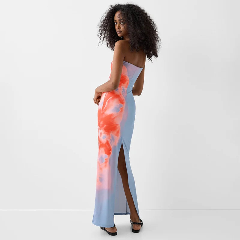 Sexy Strapless Print Tube Maxi Dress Women Off Shoulder Backless