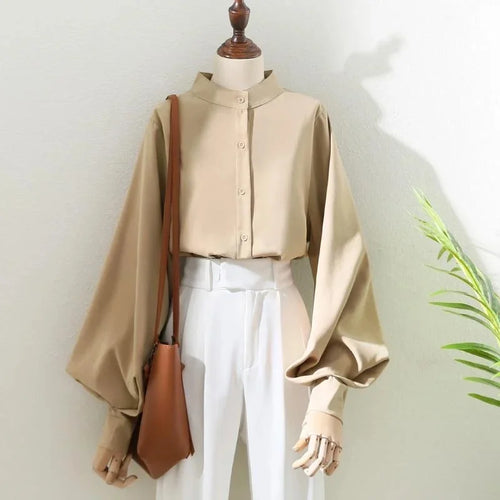 Woman Spring Autumn Style Blouses Shirt Lady Long Lantern Sleeve Stand