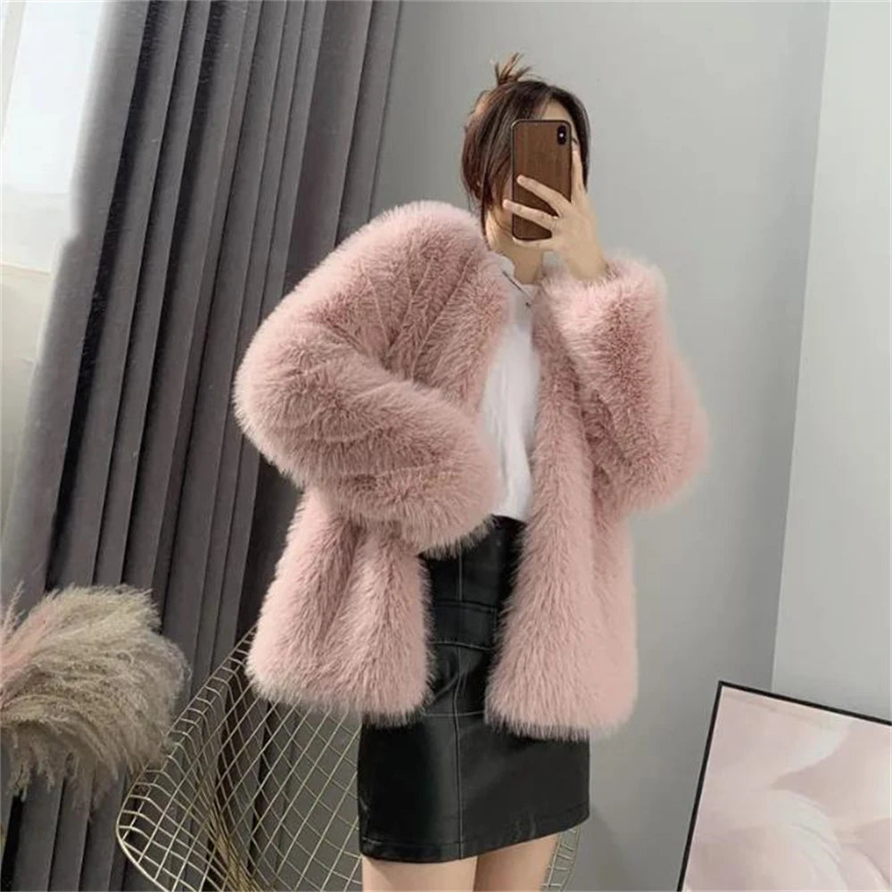 Shaggy Faux Jacket Women Elegant Thick Tops Artificial Warm Shaggy Overcoat Luxury Collarless Coat Short Fur Outwear Winter