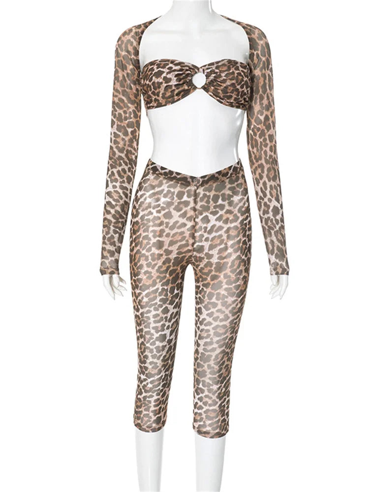 Weird Puss Leopard Print Women 3 Piece Set Thin Full Sleeve Shawl+Bandage Hollow Bra+Elastic Waist Pants Street Trend Wild Suit