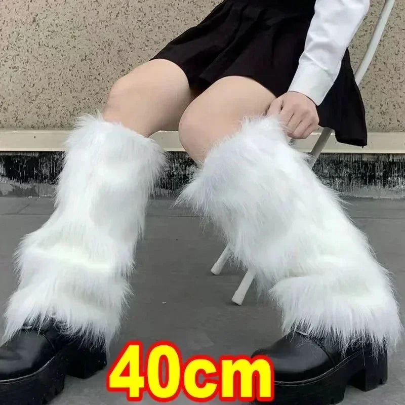 1/2pcs Furry Leg Warmers Y2K Goth White Faux Fur Leg Warmers Boot Covers Lady Cute Jk Knee-length Hipster Warm Sock Trendy Socks